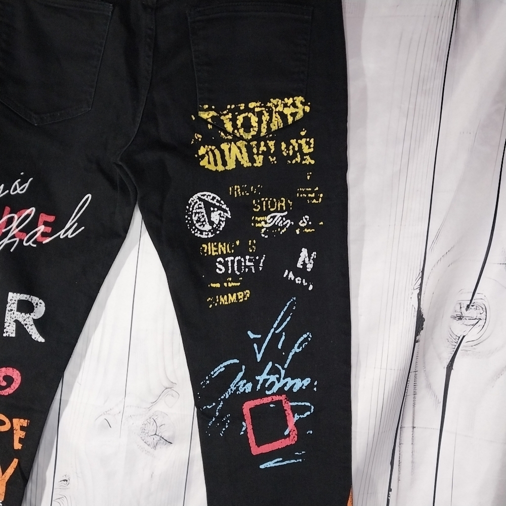 Graphic Paris Y2K Black Skinny Streetwear Grunge Edgy Punk Jeans - Picture 8 of 10